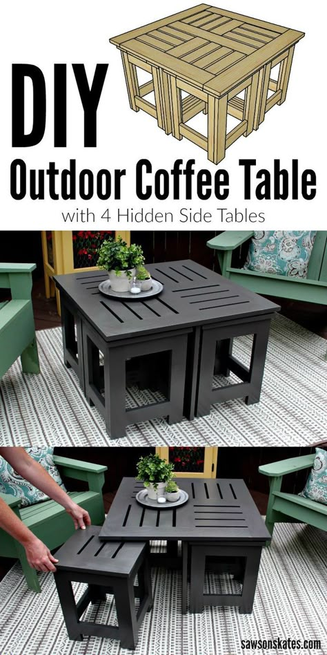 Looking for ideas for an easy DIY outdoor coffee table? This plans shows how to make a small coffee table is perfect for a patio or deck, plus it features four hidden side tables. Reach under the table, pull out the four small side tables and you quadrupl Kursi Outdoor, Coffee Diy, Pallet Sofa, Outdoor Coffee Table, Diy Fence, Easy Coffee, Tables Diy, Diy Coffee Table, Small Coffee Table