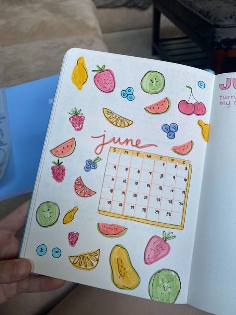 July Journal Spread, Fruit Journal, Fruit Bullet Journal, August Themes, Bullet Journal Design Ideas, Bullet Journal Spread, Journal Design, Cover Pages, Art Journal