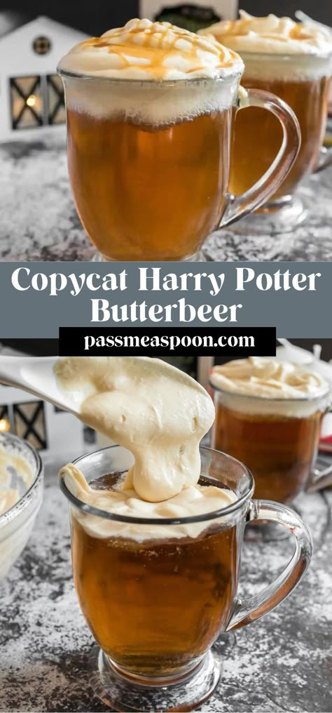 This easy, homemade Copycat Butterbeer recipe brings the Wizarding World of Harry Potter to your kitchen! The perfect treat for your next HP Movie marathon! Homemade Butterbeer Recipe, Harry Potter Inspired Meals, Harry Potter Friendsgiving, Harry Potter Themed Snacks Movie Nights, Harry Potter Dinner Recipes, Copycat Butterbeer, Harry Potter Food Recipes, Harry Potter Inspired Food, How To Make Butterbeer