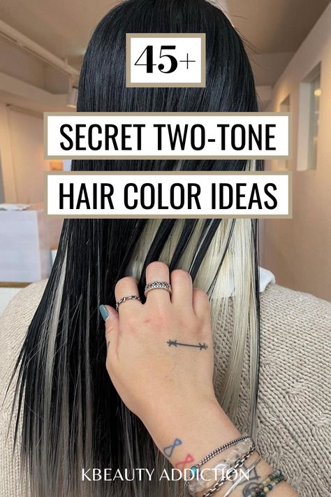 Hair color ideas Two Tone Hair Color Sectioning, Brunette Two Tone Hair, Color Block Long Hair, Secret Two Tone Hair Color, Two Tone Korean Hair, Halo Hair Color Ideas For Brunettes, Two Tone Hair Color Ideas Underneath, Korean Two Tone Hair Color, Under Tone Hair Color