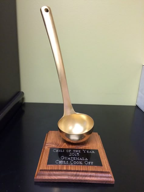 Chili Cook Off trophy - The Golden Ladle Creative Trophy Ideas, Cook Off Trophy Diy, Chili Contest Trophy Diy, Chili Trophy Ideas, Chilli Cook Off Ideas Parties, Soup Cook Off Trophy, Chili Cookoff, Trophy Ideas, Chili Cookoff Trophy Diy