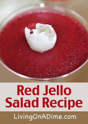 Red Jello Salad Recipe - dissolve 1 small pkg cherry Jello and 1/4 to 1/2 c red hot candies in saucepan of 1/2 c boiling water, stir in 1 1/2 c applesauce and chill until set. Red Jello Salad, Applesauce Jello Recipe, Easy Christmas Party Food, Christmas Party Food Ideas, Living On A Dime, Red Hots Candy, Easy Christmas Party, Christmas Salads, Jello Desserts