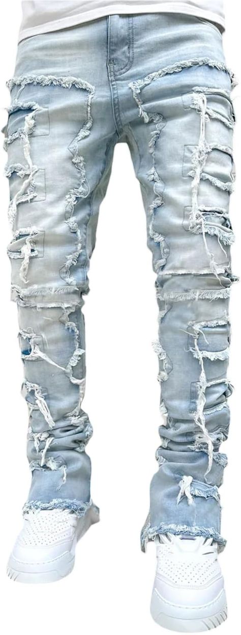 Material: These ripped stacked jeans for men are made of 90% cotton and 10% spandex, skin-friendly fabric with breathable and comfortable texture, providing unparalleled comfort.
Design: Men stacked denim jeans feature a raw edge design at the seams to prevent friction, durability and stacked patches, giving them a unique look.
Match: These stacked denim pants jeans for men are suitable for any season, paired with your favorite T-shirt, shirt or sneakers to create a versatile and cool look. Biker Jeans Men, Stacked Jeans, Mens Jeans Fit, Hip Hop Jeans, Denim Pants Mens, Streetwear Jeans, How To Look Handsome, Jeans Y2k, Patched Jeans