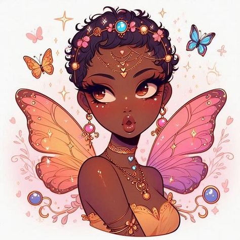 Curly Afro Drawing, Black Fairy Drawing, Butterfly Woman Art, Black Fairy Art, Black Fairy Aesthetic, Butterfly Girl, Black Fairy, Nostalgic Art, Black Anime