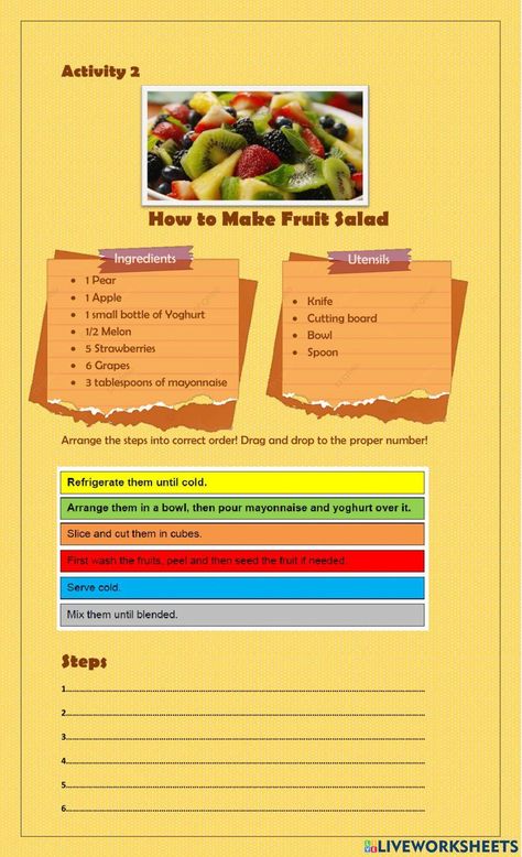 Procedure Text, English Liveworksheet, Procedural Text, Fruit Salad Ingredients, Fruit Peel, Small Bottles, Fruit Salad, English Language, Quick Saves