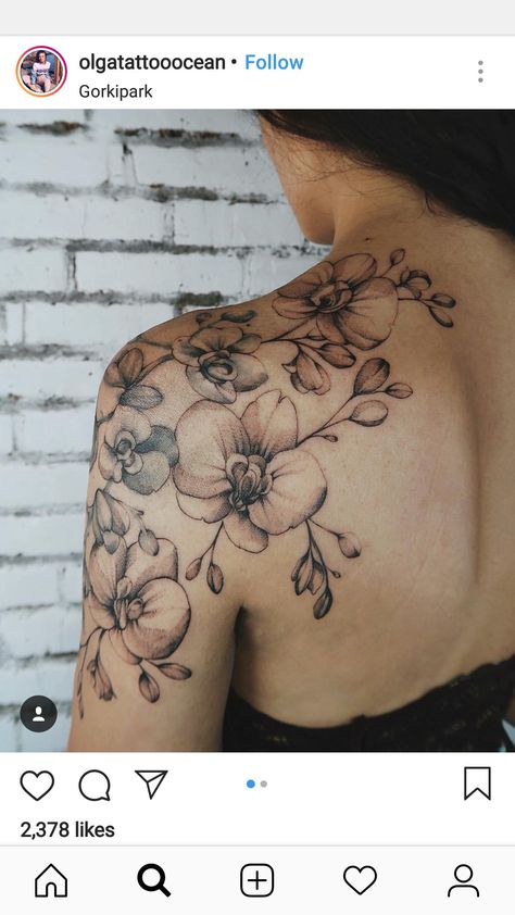 Orchids Tattoos For Women, Tattoo Ideas Orchid, Floral Shoulder Tattoos For Women, Orchid Sleeve Tattoo, Orchid Flower Sleeve Tattoo, Orchid Tattoo On Collar Bone, Moon And Orchid Tattoo, Orchid Tattoo Arm Half Sleeves, Orchid Half Sleeve Tattoo