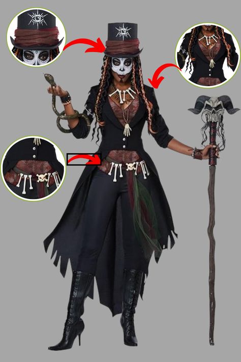 "Unleash dark magic with our Voodoo Magic Costume! Perfect for a spooky Halloween! 🎃🖤 #HalloweenVibes" Voodoo Couples Halloween Costumes, Voodoo Princess Costume, Witch Doctor Costume Female Diy, Voodoo Man Costume, Voodoo Costume Female, Vodoo Costumes Diy, Voodoo Witch Costume, Voodoo Queen Costume, Voodoo Priestess Costume