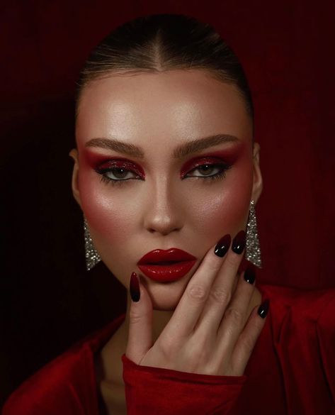 Glossy Red Makeup, Red Contour Makeup, One Color Makeup, All Red Makeup Looks, Editorial Red Makeup, Fiery Makeup Looks, Red Rose Makeup Look, Red Makeup Editorial, Red Dramatic Makeup