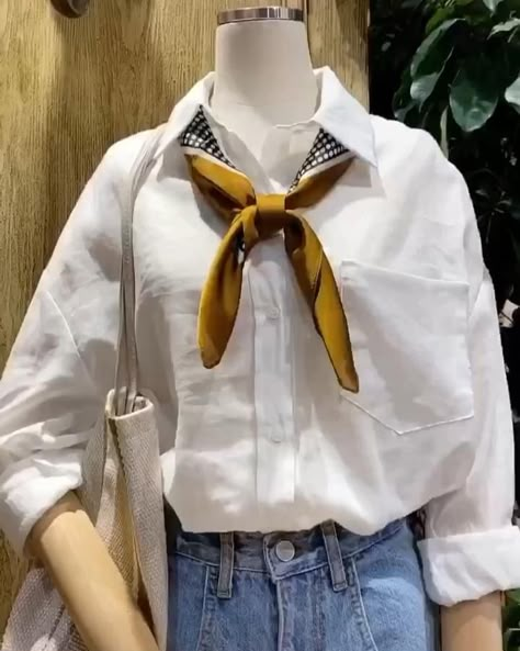 T Shirt With Scarf Outfits, Silk Scarf And Shirt, White Blouse With Scarf Outfit, White Shirt Scarf Outfit, Scarf With Shirt Women, Neckchief Outfit, Scarf And White Shirt Outfit, Outfit For White Shirt, Shirt Accessories Women