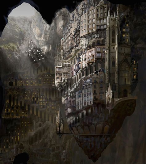 Underground Arena Fantasy Art, Mining City Fantasy Art, Crater City Fantasy Art, Stone City Fantasy Concept Art, City Inside Mountain Concept Art, Fantasy Stone City, Underground Caves Fantasy Art, Underground Cities Fantasy Art, Underground Cave Fantasy Art