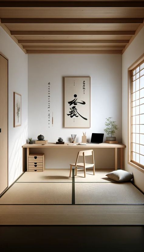 Zen Study Room, Japanese Home Office, Potted Bamboo, Colorful Office Decor, Luxury Goals, Japanese Office, Simple Chair, Colorful Office, Inspiring Office