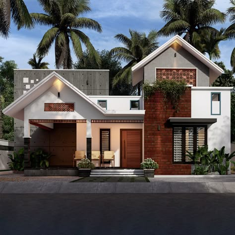 Exterior of a 1365 Square Feet 3-Bedroom Mixed Roof House Staircase Design Kerala Style, Mixed Roof House Design, Roof House Design, Small House Design Kerala, New Model House, Front Building Design, Show Wall, Building Design Plan, Kerala Home