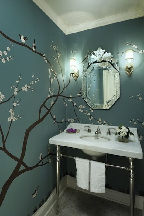 A bit busy for my taste, but overall a lovely combo of vintage, whimsy, and minimalist. Design Interior Modern, Tree Mural, Asian Homes, Asian Home Decor, Decor Baie, Interior Modern, Venetian Mirrors, Wallpaper Wallpaper, Blue Walls