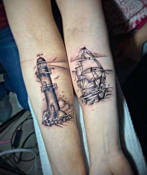 Breathtaking Tattoos, Boat Tattoo, Couples Tattoo, Small Couple Tattoos, Lighthouse Tattoo, Couples Tattoos, Couple Tattoos Unique, Couples Tattoo Designs, Nautical Tattoo