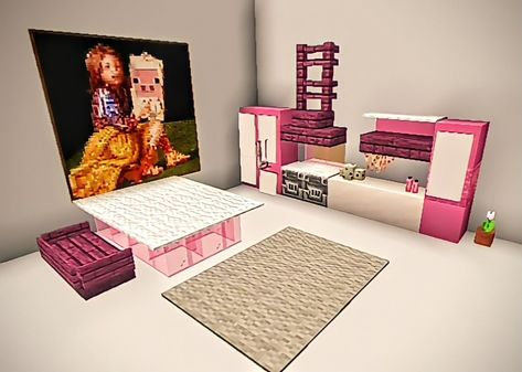 Minecraft Pink Kitchen Ideas, Simple Pink Minecraft House, Minecraft Bed Ideas Pink, Kitchen Ideas In Minecraft, Pink Kitchen Minecraft, Pink Minecraft Kitchen, Kitchen Ideas Pink, Minecraft Bed Designs, Pink Kitchen Ideas