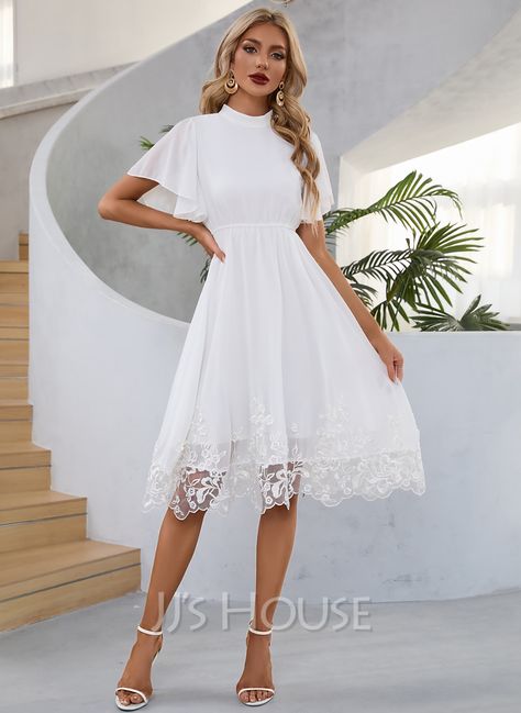 Embroidered High Neck Elegant A-line Chiffon Midi Dresses (295286762) White Aline Dress Midi, High Neck Reception Dress, Modest Homecoming Dresses Mormons, White Graduation Dress Knee Length, Confirmation Dresses For Teens Catholic, Winter Engagement Dress, White Dress Pink Flowers, Knee Length Dress With Sleeves, Confirmation Dresses For Teens