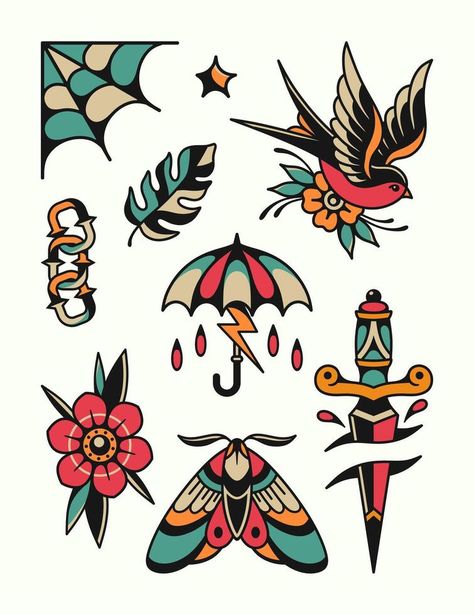 Tattoo flash vector design Flash Tattoo Sleeve, Traditional Tattoo Drawings, Traditional Tattoo Flash Art, Traditional Style Tattoo, Traditional Tattoo Sleeve, Traditional Flash, Flash Tattoo Designs, Tattoo Flash Sheet, Old School Tattoo Designs