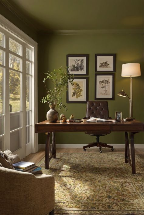 Step into the warm embrace of Ripe Olive (SW 6209) to bask in the earthy glow of the best wall paint color for 2024. Dive into this daily routine for interior designer inspiration. #Ad #homedecor #homedesign #trendgirlApartment #Painthome #interiorarchitecture Wall Colors Green Room Colors
Bright Room office Colors
Apartment Renovation
Home office Remodeling
Modern Paint Colors
2024 Desk Same Color As Wall, Olive Green Study Room, Olive Green Office Walls, Muted Green Accent Wall, Olive Wall Paint, Green Color Drenched Room, Olive Green Study, Green Office Paint Colors, Olive Green Home Office