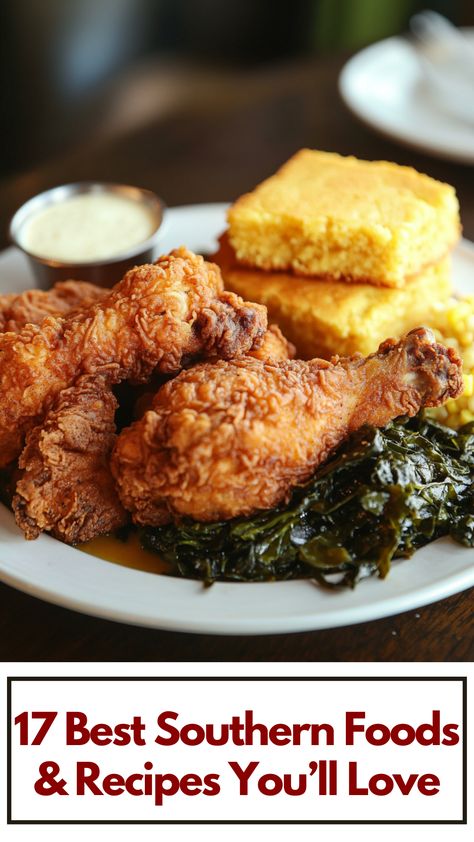 A plate of fried chicken, cornbread, and collard greens showcasing classic Southern comfort food. Southern Dinner Recipes Soul Food, Fried Chicken Side Dishes, Fried Chicken Biscuits, Southern Meals, Southern Foods, Down Home Cooking, Fried Chicken Recipe Southern, Chicken Biscuits, Chicken Cornbread