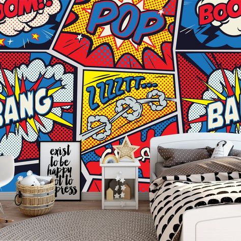 Comics Wallpaper Pop Art Decal Kids Room Decal Peel and | Etsy Comic Book Bedroom, Random Graffiti, Superheroes Wallpaper, Comic Book Wallpaper, Book Bedroom, Comic Wall, Big Burger, Kindergarten Wallpaper, Pop Art Patterns