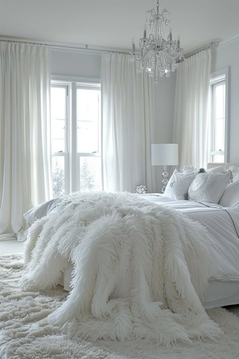 29 Summer Bedroom Decor Ideas for a Refreshing Seasonal Update 17 Romantic White Bedroom, White Fluffy Bed, White Light Aesthetic, White Fluffy Carpet, White Fluffy Bedding, Dream Beds, White And Silver Bedroom, White Bedroom Cozy, Silver Bedroom Decor