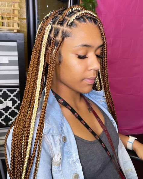 Multi Color Box Braids Black Women, Blonde And Brown Hair Color Black Women Braids, Best Braids Colour Combo, Shades Of Brown Knotless Braids, Peekaboo Hair Color Blonde Brown, Multicolored Braids Black Women, Box Braids Hair Color Ideas, Black Braids With Color, Box Braid Color Combos