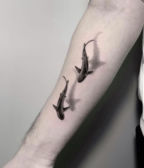 Male Collarbone Tattoo, Swimming Fish Tattoo, Snorkeling Tattoo, Environmental Tattoo Ideas, Large Hip Tattoos Women, Cool Leg Tattoos For Guys, Sharks Tattoo, Great White Shark Tattoo, Tattoos Shark