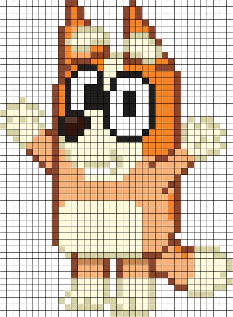 Bingo Cross Stitch Pattern, Bluey Bead Pattern, Bluey Bingo Perler Beads, Fuse Beads Ideas Bluey, Bingo Perler Beads, Bluey Bingo Cross Stitch Pattern, Disney Bluey Perler Beads, Character Perler Bead Patterns, Bluey Perler Bead Patterns