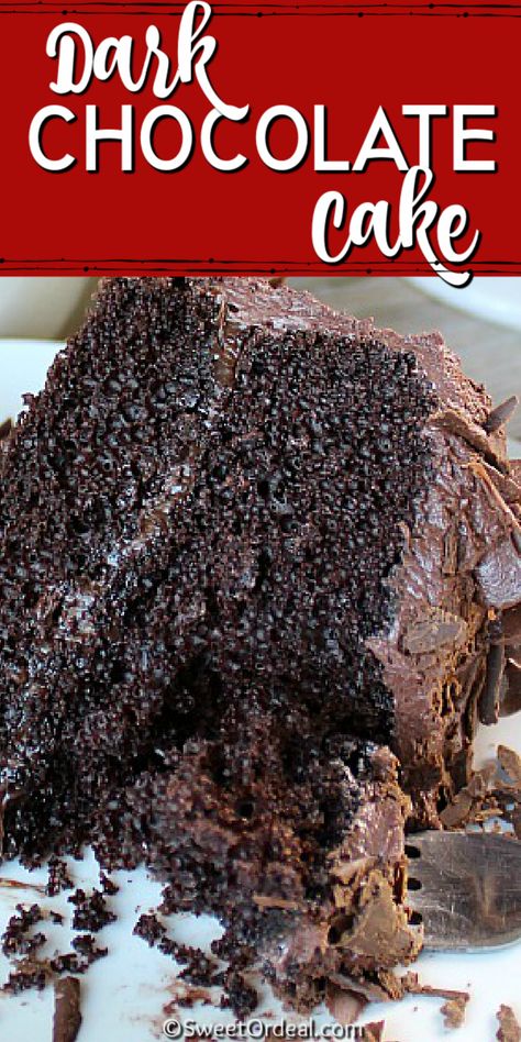 Delish! Dark Chocolate Cake is a chocolate lover’s dream come true. The rich dark chocolate cake is moist and loaded with chocolaty goodness. The dark chocolate frosting is smooth and creamy, the perfect compliment to the cake. This two-layer cake should satisfy just about any chocolate craving out there.