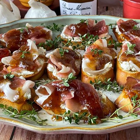 Prociutto Appetizers Fig, Fig Jam And Cheese, Fig Jam Cheese Pairing, Figs Wrapped In Prosciutto, Fig Butter Appetizer, Fig Crostini Appetizers, Prosciutto Crostini Appetizers, Fig Preserves Appetizers, Goat Cheese And Fig Jam Appetizer