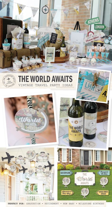 The World Awaits: Vintage Travel Party Ideas – Big Dot of Happiness Travel Party Decorations, Travel Theme Party, Vintage Graduation Party, Vintage Travel Party, Vintage Party Ideas, Bon Voyage Party, Vintage Travel Themes, Vintage Graduation, Theme Party Ideas