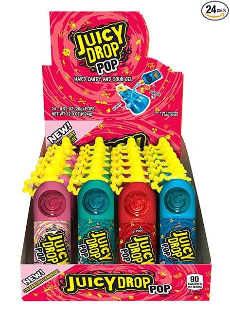 Juicy Drop Pop, Sour Candy Recipe, Sleepover Snacks, Candy Drinks, Sleepover Food, Lollipop Candy, Junk Food Snacks, Candy Brands, Sour Candy