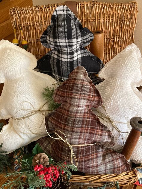 "Chenille and Wool Christmas Tree Pillows to add a bit of vintage to this year's holiday decorating.  Perfect in a window, on a sofa or chair, or place it on the guest bed for a welcoming Christmas touch. They also make a cute gift for a teach, friend, or gift exchange.   Pillows are made of vintage chenille bedspreads or 100% wool, filled with fiber fill.   They measure approximately 14.5\" tall by 13.5\" wide. Price shown is for one pillow." Christmas Tree Shaped Pillow, Christmas Shaped Pillows, Chenille Christmas Trees, Christmas Pillows Diy Sewing Projects, Cloth Christmas Trees, Christmas Tree Pillow Pattern, Christmas Pillows To Make, Tree Shaped Pillow, Sewing For Christmas