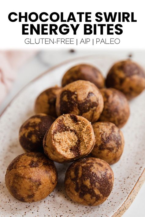 These chocolate swirl energy bites are a fun and delicious way to boost your energy and get extra protein on the go! They're refined sugar-free, paleo, and can be made to be AIP. Aip Protein, Protein On The Go, Aip Cookies, Aip Baking, Unbound Wellness, Autoimmune Paleo Recipes, Aip Paleo Recipes, Carob Powder, Extra Protein