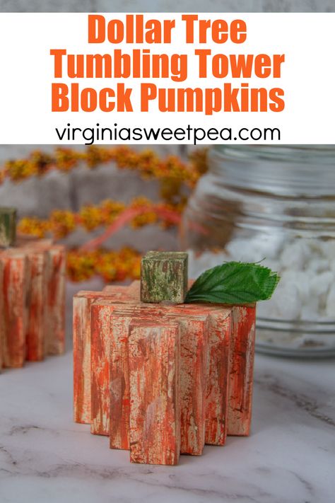 Learn how to make adorable fall pumpkins using supplies from the Dollar Store. Fall Diy Projects, Wheat Centerpieces, Pumpkin Learning, Block Pumpkins, Fall Pumpkin Crafts, Fall Decor Diy Crafts, Jenga Blocks, Dollar Tree Fall, Diy Crafts For Adults