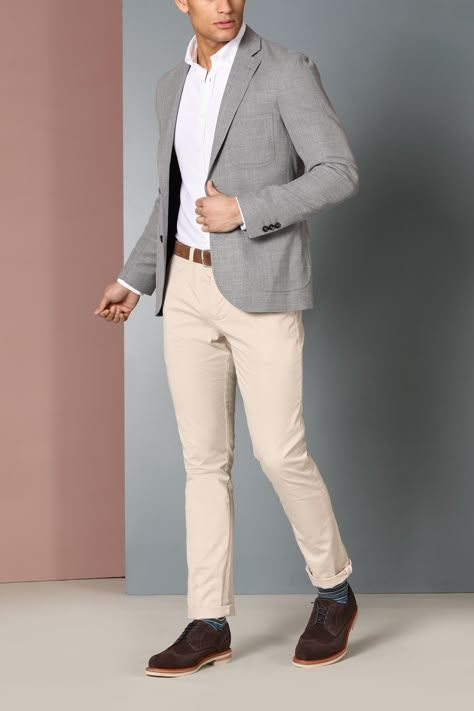 Grey Jacket & Beige Pants Gray Blazer Outfit Mens, Grey Jacket Outfit Men, Grey Blazer Outfit Men, Grey Blazer Mens, Grey Jacket Outfit, Beige Blazer Outfit, Grey Blazer Outfit, Beige Pants Outfit, Blazer Outfits Men