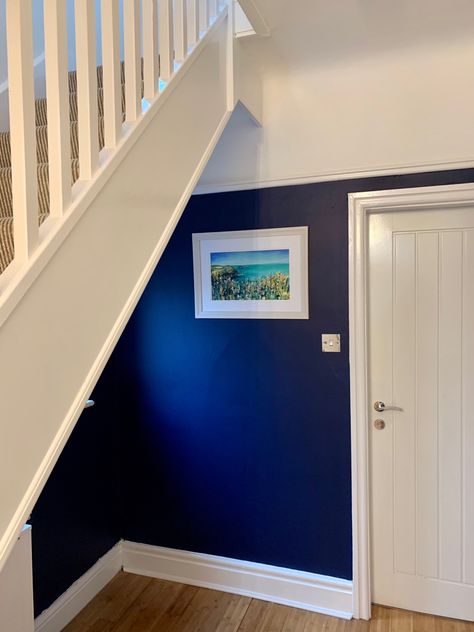 Serge by Farrow and ball; seascape by cliffside gallery Serge Farrow And Ball, Blue Hallway Ideas, Hallway Update, Blue Hallway, Farrow And Ball, Hallway Ideas, Hallway, Decorating Ideas, Stairs