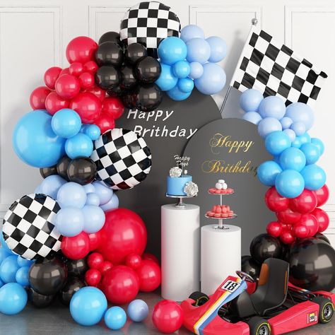 PRICES MAY VARY. 【105Pcs RACE CAR BIRTHDAY DECORATIONS】Our balloon garland kit contains:3 x 18inch Balloons (red*1,blue*1,black*1) , 55 x 10inch Balloons(red*15,blue*15,black*15,macaron blue*10), 40 x 5inch Balloons (red*10,blue*10,black*10,macaron blue*10), 3Pcs black and white grid foil balloons,balloons strip 1pc, adhesive tape 3pcs,ribbon 1pc. 【Premium Material】 Our balloons are made of natural latex.Each of these latex balloons is in a brighter color and 20% thicker than normal latex balloo Balloons Arch, Checkered Flag, Racing Car, Balloon Arch, Race Car, Red Blue, Arch, Foil, Balloons