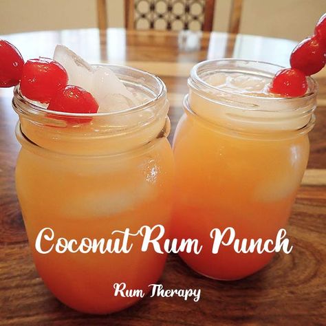 Coconut Rum Punch | Rum Therapy Coconut Rum Sangria, Mixed Drinks With Coconut Rum, Coconut Rum Drinks Easy, Punch With Coconut Rum, Malibu Rum Punch Recipes, Coconut Rum Punch Recipes, Coconut Mixed Drinks, Rum Punch Recipes For A Crowd, Coconut Rum Drinks Recipes