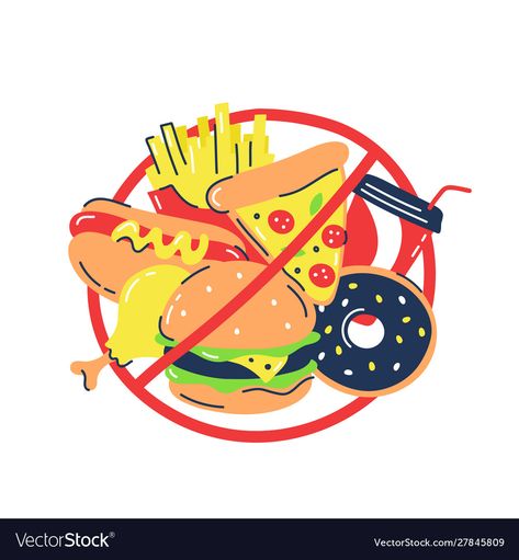 Healthy Food Illustration Art, Healthy Food Poster Drawing, Junk Food Poster, Junkfood Drawings, Dont Waste Food Poster Drawing, Fast Food Drawing, Unhealthy Food Drawing, Line Illustration Design, Say No To Junk Food Poster