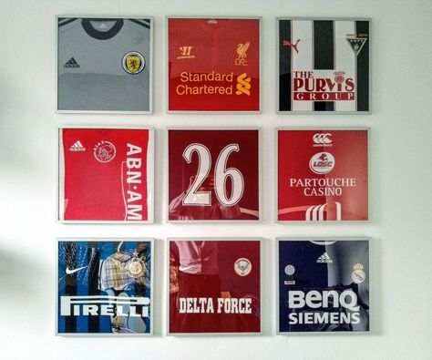 Football Shirt Display Ideas, Sports Jersey Display Ideas, Soccer Display Ideas, Framed T Shirt Wall Art, Framed Soccer Jersey, Framed Football Shirts On Wall, Soccer Man Cave, Teenage Boys Bedroom Ideas Football, Jersey Collection Display