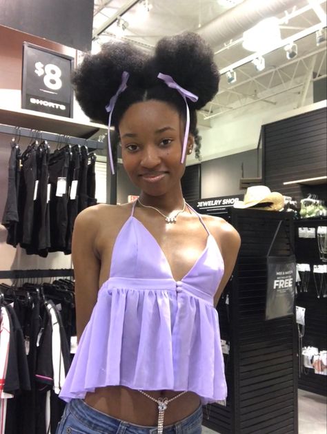 Coquette Afro Hairstyles, Purple Natural Hair, Hairstyles Bow, Purple Coquette, Modeling Clothes, 2000s Hairstyles, Coquette Black, Vertical Labret, Kawaii Hair