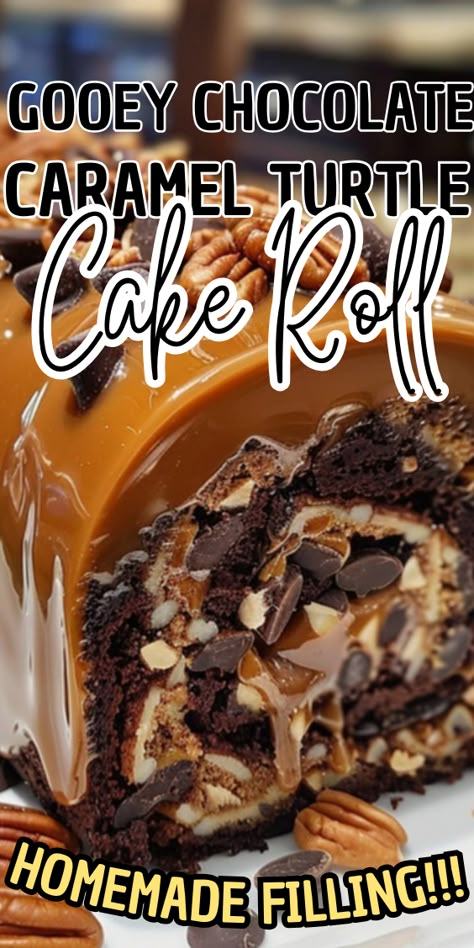 Gooey Chocolate Caramel Turtle Cake Roll Pecan Pie Cake Roll Recipe, Caramel Log Bars, German Chocolate Roll Cake, Brownie Roll Cake, Dessert Recipes Caramel, Biscoff Cake Roll, Cakerolls Recipe, Roll Up Cakes, Italian Cakes Recipes