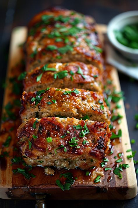 Slices of glazed meatloaf garnished with fresh herbs on a wooden cutting board. Ground Turkey Meal Ideas Healthy, Meatloaf With Onion Soup Mix Lipton Ground Turkey, Ground Turkey Halloween Recipes, Flavorful Ground Turkey Recipes, Turkey Ranch Meatloaf, Meals To Make With Turkey Meat, Meal Prep Ground Turkey Recipes, Dinner Ideas With Turkey Ground, Dishes To Make With Ground Turkey