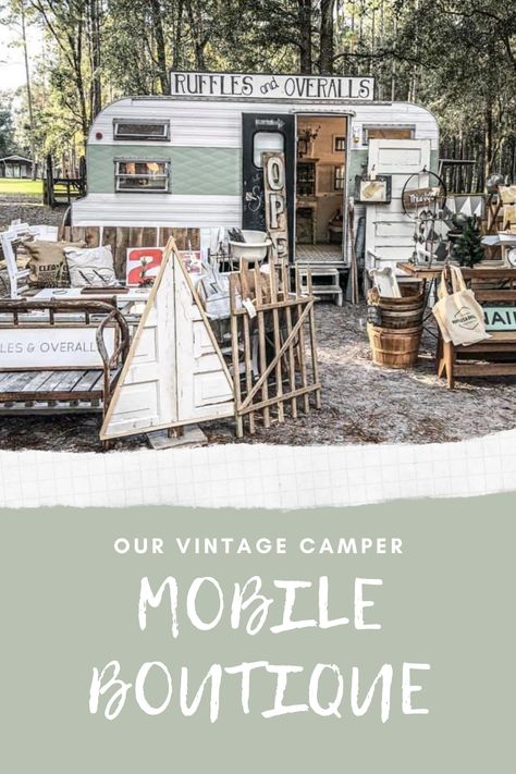 Small Camper Business, Caravan Shop Mobile Boutique, Camper Boutique Ideas, Vintage Trailer Boutique Mobile Shop, Business Trailer Ideas, Mobile Vintage Shop, Vintage Camper Business Ideas, Mobile Antique Shop, Vintage Camper Boutique Mobile Shop