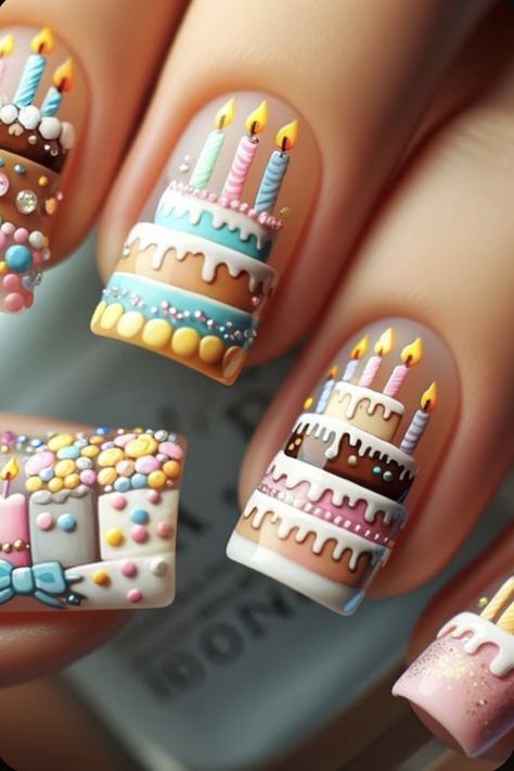 Birthday Nail Art Ideas, Creative Nail Designs Unique, Happy Birthday Nails Designs, Unique Nail Ideas Creative, Candle Nails, Happy Birthday Nails, Nail Art Birthday, Birthday Cake Nails, Birthday Nail Ideas