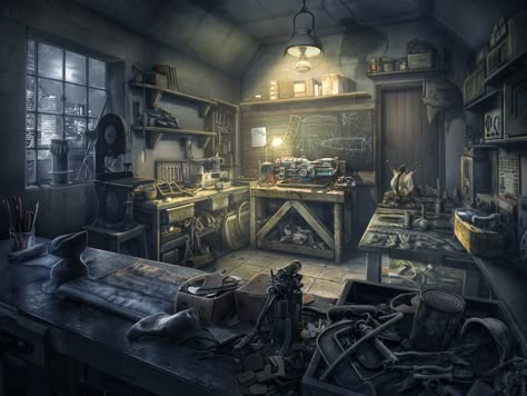 ArtStation - Repair shop, Ekaterina Martynova Sci Fi Shop Concept Art, Blind Justice, Steampunk Shop, Interior Concept Art, Fantasy Shop, Spaceship Interior, Fire Nation, Fantasy Places, Interior Concept