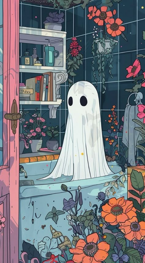 Ghost Reading Wallpaper, Lofi Halloween Wallpaper, Spooky Halloween Illustration, Summerween Wallpaper Iphone, Spooky Halloween Iphone Wallpaper, Cozy Halloween Aesthetic Wallpaper, Summerween Aesthetic Wallpaper, Vintage Ghost Illustration, Spooky Ghost Wallpaper