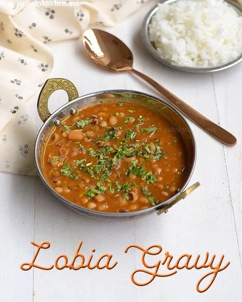 Lobia gravy, Black eyed beans, lobia recipe - Raks Kitchen Lobia Recipe, Rice Pulao, Pea Curry, Black Eyed Beans, Cooking Recipes For Dinner, Black Eyed Pea, Famous Food, Beans Curry, Jeera Rice