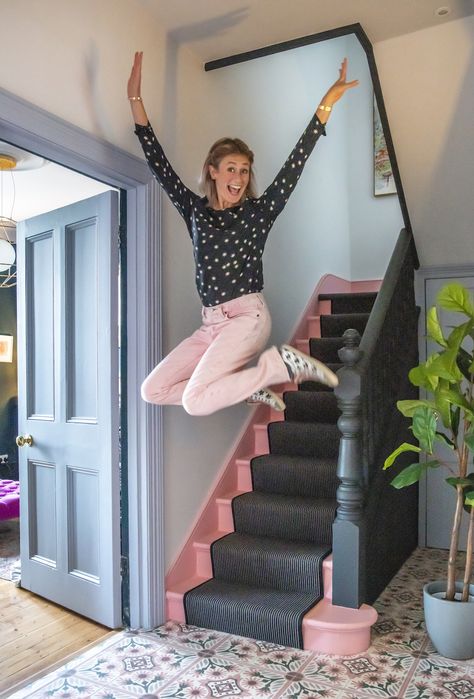 Tiled Hallway Floor, Black Stair Railing, Victorian Villa, The Pink House, Exciting Times Ahead, Black Stairs, Alternative Flooring, Stairs Makeover, Tiled Hallway